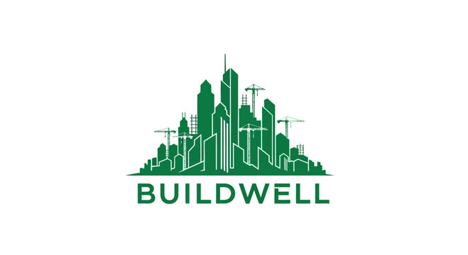 A green logo for Buildwell featuring a modern city skyline with multiple skyscrapers and active construction cranes, symbolizing urban development and building.