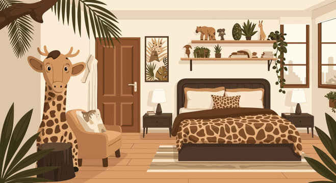 A cozy, illustrated bedroom with a safari theme, featuring giraffe-print bedding, a large giraffe figure, and numerous potted plants, creating a warm and inviting atmosphere.