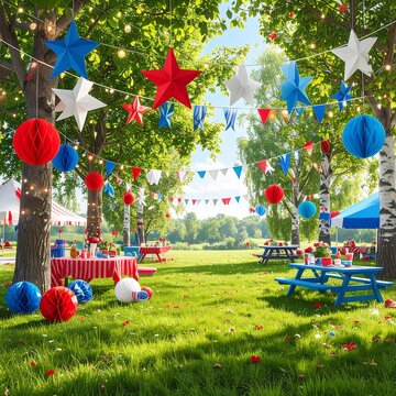 Patriotic Outdoor Celebration Setup for Fourth of July Picnic.