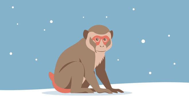 A brown monkey with a reddish face sits in the snow as snowflakes fall from a light blue sky in a winter scene.