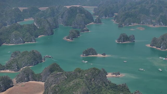 Aerial view of the natural scenery of the karst peaks and forests in Ha Long Bay, Vietnam