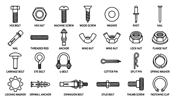 SEO Title: Mechanical Fasteners Nuts Bolts Screws and Hardware Outline Vector Icons