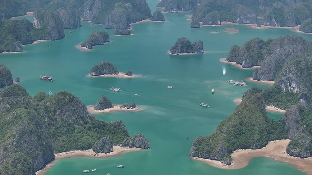 Aerial view of the natural scenery of the karst peaks and forests in Ha Long Bay, Vietnam