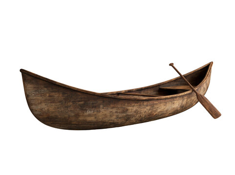 Rustic wooden canoe with paddle isolated on white background