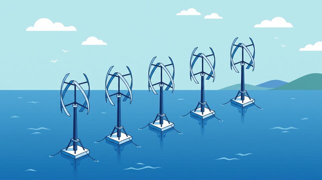 Offshore vertical axis wind turbines harnessing renewable energy in a serene ocean landscape