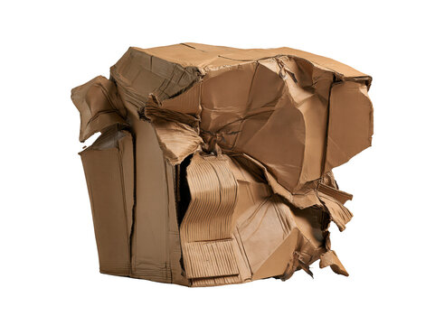 Crushed cardboard box isolated on white background for shipping damage concept