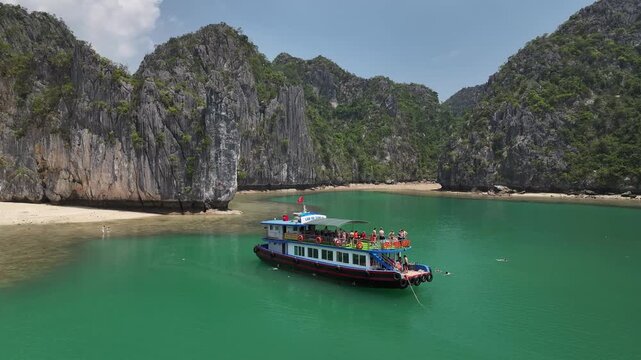 Aerial view of the natural scenery of the karst peaks and forests in Ha Long Bay, Vietnam