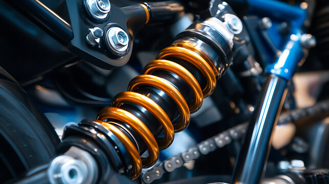 Closeup of a motorcycle rear shock absorber with golden spring and drive chain in a modern workshop
