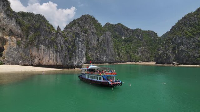 Aerial view of the natural scenery of the karst peaks and forests in Ha Long Bay, Vietnam