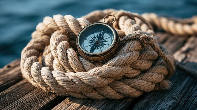 Vintage brass compass resting on thick coiled rope during golden hour on weathered wood