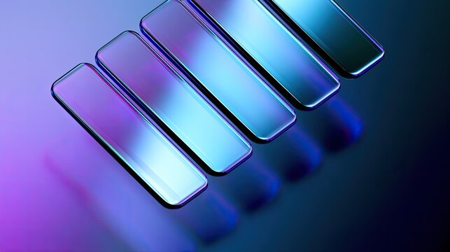 Five iridescent, sleek rectangles arranged diagonally, reflecting vibrant purple and blue light
