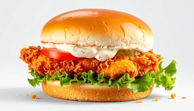 Crispy Fried Chicken Burger with Fresh Lettuce and Tomato