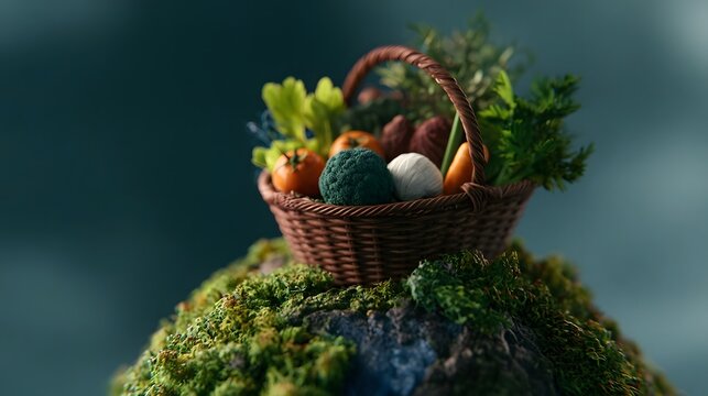 A woven basket filled with fresh vegetables sits atop a moss covered rock against a soft blue background
