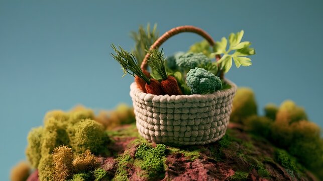 A woven basket filled with fresh vegetables sits atop a mossy  textured surface against a soft blue background