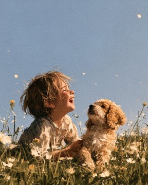 Child with dog laughing in a sunny meadow oil painting style