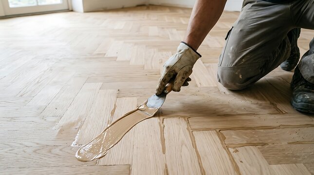 Worker applying adhesive to herringbone wooden floor during home renovation project