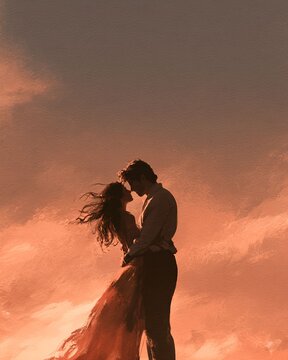 Romantic couple embracing at sunset in dreamy artistic painting illustration