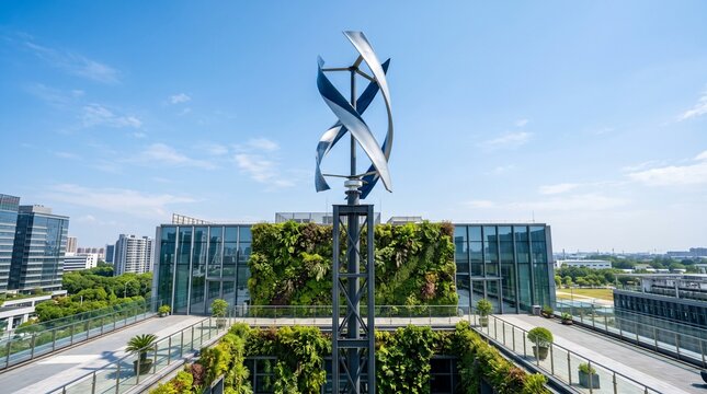 Vertical axis wind turbine atop a green building with lush living walls and modern architecture