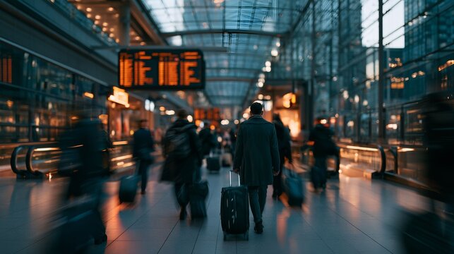 Traveler Walking Through Busy Train Station With Luggage