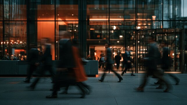 Commuters walking past a modern office building in motion blur