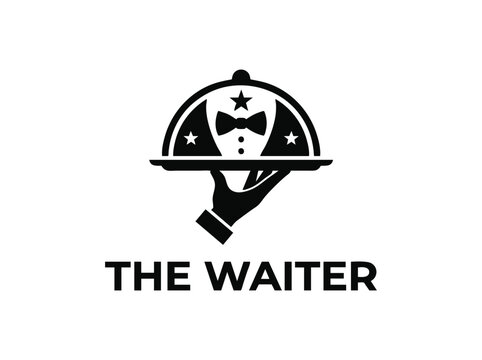 Elegant waiter logo with cloche and bow tie, professional restaurant server icon, black and white catering service vector