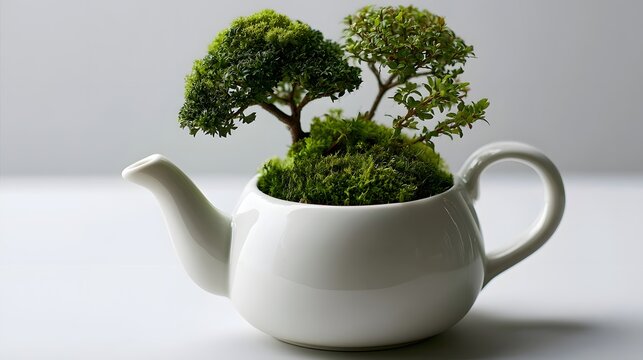 A white ceramic teapot repurposed as a planter for miniature trees and lush green moss  set against a clean white background
