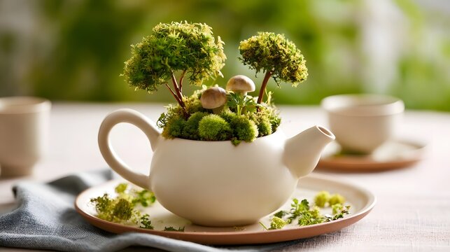 A white ceramic teapot filled with miniature moss trees and mushrooms  placed on a plate with scattered greenery