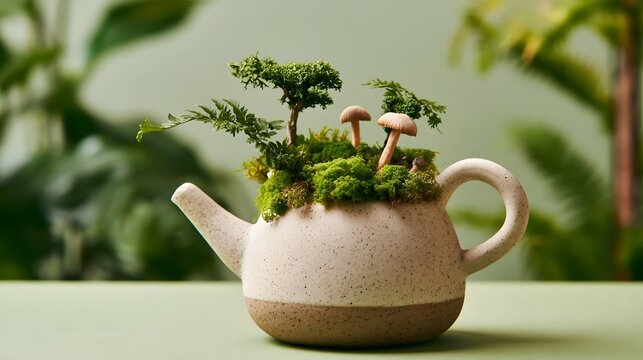 A ceramic teapot filled with moss  miniature trees  and mushrooms  set against a soft green background
