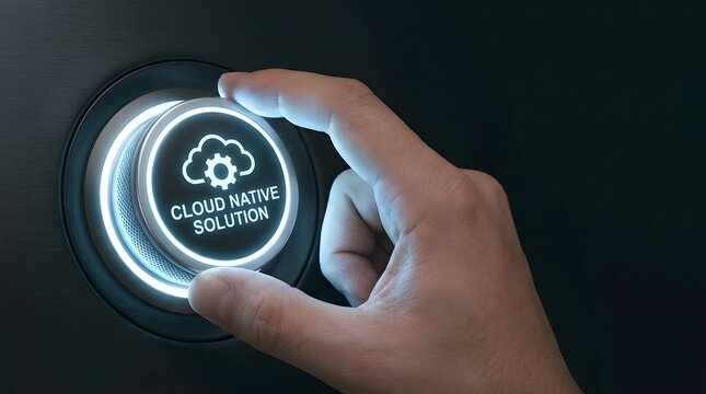 A hand turns a glowing dial labeled cloud native solution on a panel