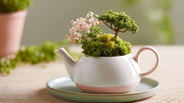 A white teapot with pink flowers and green moss  sitting on a saucer on a wooden table  with soft natural lighting