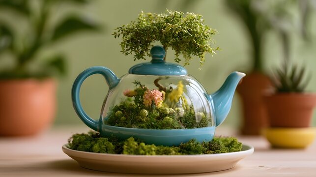 A blue ceramic teapot repurposed as a miniature terrarium  filled with moss  tiny flowers  and a small tree growing from the lid