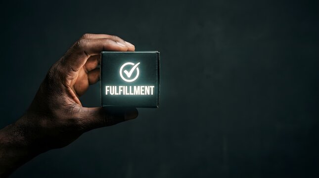 A person holding a small black box labeled with a glowing fulfillment icon