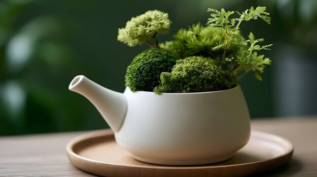 A white ceramic teapot filled with lush green moss and small plants  resting on a wooden tray