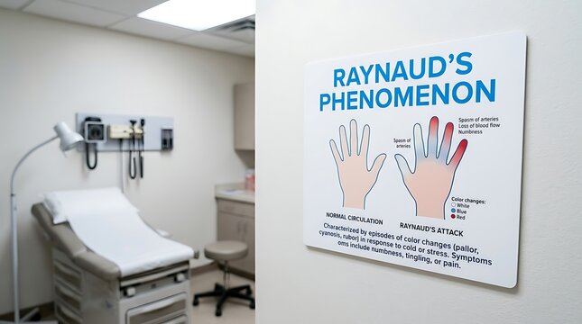 Raynaud's phenomenon medical chart on clinic wall with examination table in background