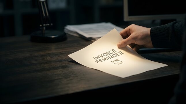 A person holds a paper invoice reminder on a desk in an office