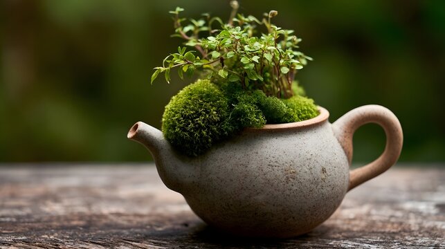 A ceramic teapot repurposed as a planter  filled with lush green moss and small leafy plants  resting on a weathered wooden surface