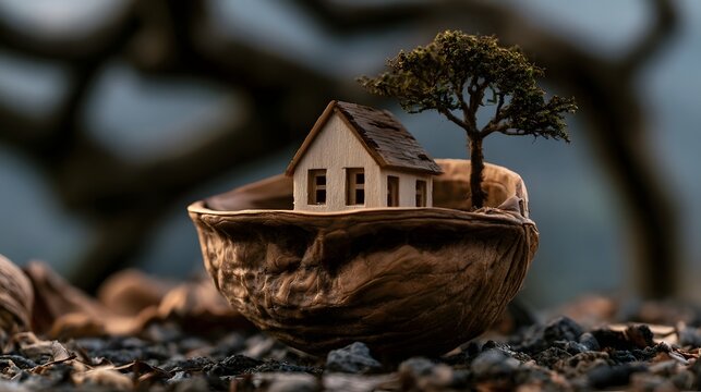 A miniature wooden house nestled inside a large walnut shell with a small tree growing beside it