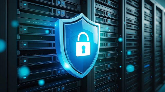 Cybersecurity shield with a digital padlock symbol floating in front of a modern server room rack for data protection and network security concepts