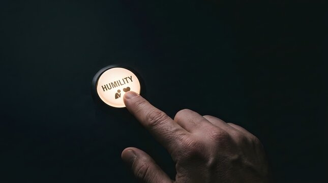 Finger pressing a glowing button labeled with the word humility against black