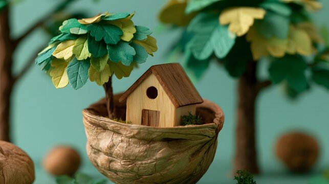 A miniature wooden house nestled inside a hollowed walnut shell  surrounded by stylized trees with layered green and yellow leaves