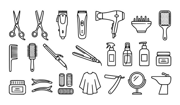 Modern Minimal Hairdresser Hair Styling Tools and Salon Icons Vector Set