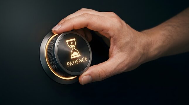Hand adjusting a metal dial with a glowing patience hourglass symbol