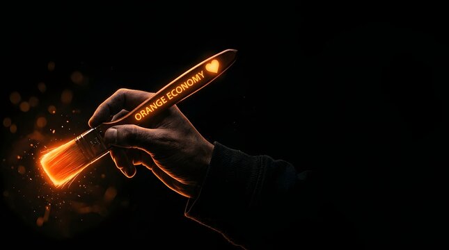 Hand holding a glowing paintbrush with orange economy text against dark