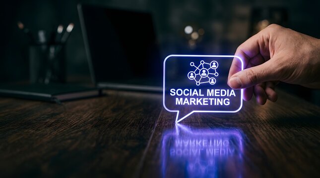 Hand holding a glowing social media marketing sign on a wooden desk