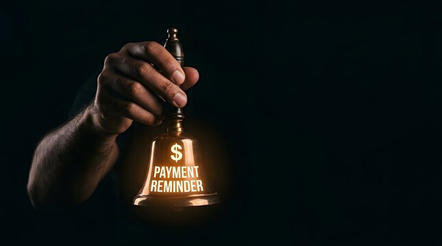 Hand holding a ringing brass bell with glowing payment reminder text