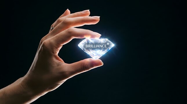 Hand holding a glowing diamond with brilliance text on black background