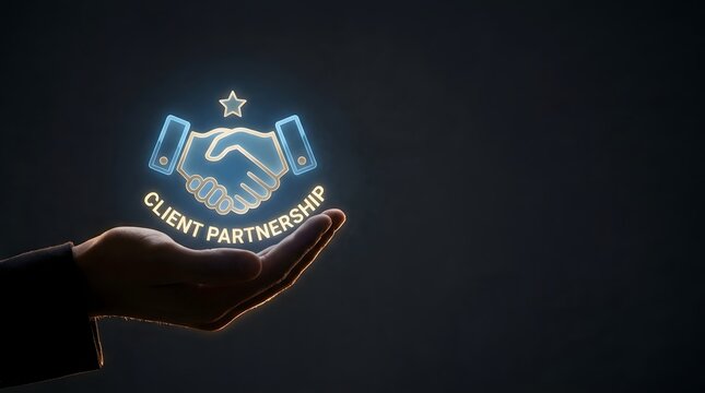 Human hand holding a glowing neon handshake icon for client partnership concept