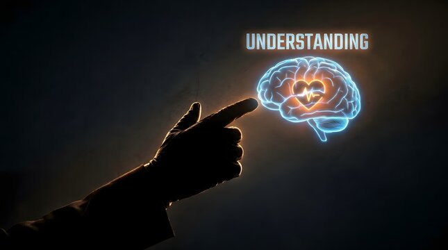 Human hand pointing at a glowing digital brain icon with heart symbol