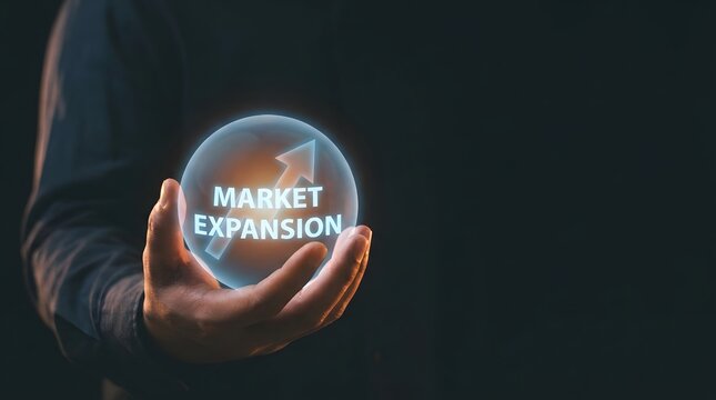 Person holding a glowing sphere with market expansion text with business concept