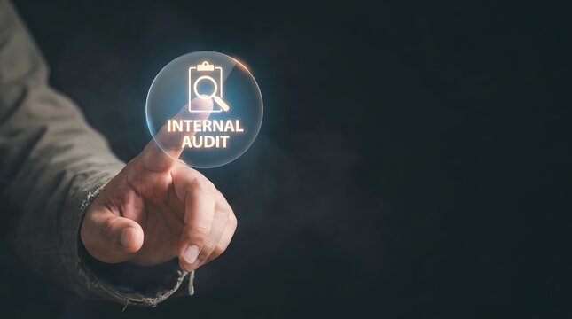 Person touching a digital internal audit interface against a dark background